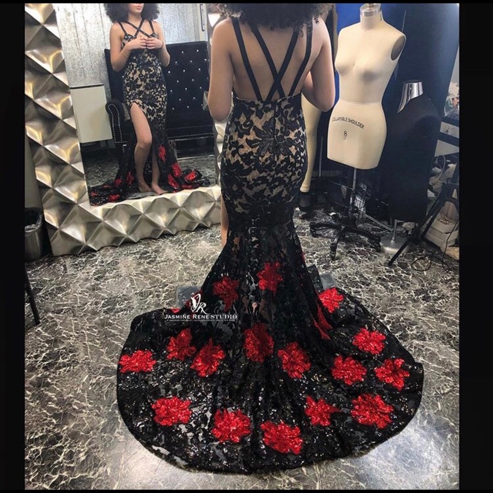 Custom made red and black sequin gown